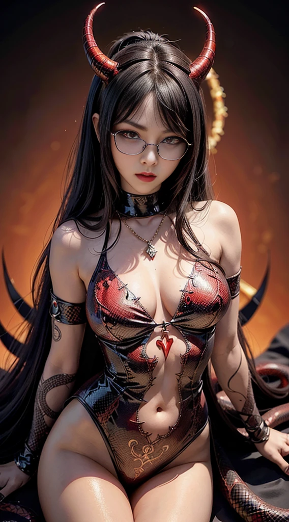 Fine、(The best illustrations)、8k UHD resolution、intricate-detail、top-quality、realisitic、ultra-detailliert、The best lighting、Best Shadows、Soft lighting、Ulutra HD、1 beautiful devil woman from hell, surreal female portraits by David Hockney and Alphonse Mucha, Portrait of a seductive woman、Fantasy Art, Chinese Doll、Dungeon、The dragon、Devil's Palace、Devil's Torture Chamber、magia、 Evil Nun、Dark Necromancer、natta、Dark style、Succubus、Devil's Daughter、Umi Shinonome、Bat Wings,(((Demon Horns)))、((((black-rimmed round glasses))))、(((Colossal tits)))、(Devil's Tail)、(red eyes glowing:1.6)、 intricate tattoos, demonic intricate tattoos, thigh tattoos, body tattoos, masterpiece、Beautiful face、a baby face、Muscular seductive body、The enchanting body of the devil、Chinese actress、Seductive Black Magic Costume、(((A shiny red snake is wrapped around her body)))、Tindall Effect、photos realistic、(High Detail Skins:1.2)、 (Intricate details, makeup, pureerosface_v1:0.5), (Detailed beautiful delicate face, Detailed beautiful delicate eyes, A perfectly proportioned face, High detailed skin, Detailed skin, best ratio four finger and one thumb, arms below breasts, Tattoo with a red glow under the stomach、Awesome awesome, wide hips, smooth midriff, skiny and thin, __Fashion__, __hair__:1.25)、Digital SLR、hightquality、a picture、hight resolution、 absurderes、Ponytail distortion、1 girl、Red sparkling gemstone necklace、jewely、Beautiful expression、Body Up、Large breasts emphasis、Toned waist、Wide buttocks、Devil's Tail、intricate tattoos, demonic intricate tattoos, thigh tattoos, body tattoos, effect、Photorealsitic、(High Detail Skins:1.2)、In the Dark, lowkey, cowboy lens, (red phoenix dress: 1.0), Seductive Black Magic Costume、Long hair, Black hair, Bust, Devil's Palace, devil crown, red eyes make up very sharp and detailed, The most beautiful face, Super tight breasts, Breast augmentation surgery, The breasts are very big and round and round, Black magic costume、Super realistic , Charming smile,a baby face、 The eyes