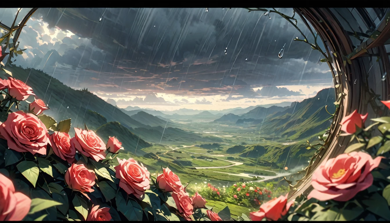 Beautiful, (a closeup of a), (red and green), (Rose flower, Focused on flowers, Lots of spikes, Surrounded by thorny vines, Raindrops on petals), morning, (Dark clouds, rain, raindrops in the air), (Valley in the background), wide shot, atmospheric perspective, perspective, Masterpiece, highres, HD, 4K, best quality, award winning, high quality, super detail, accurate, masterpiece, UHD