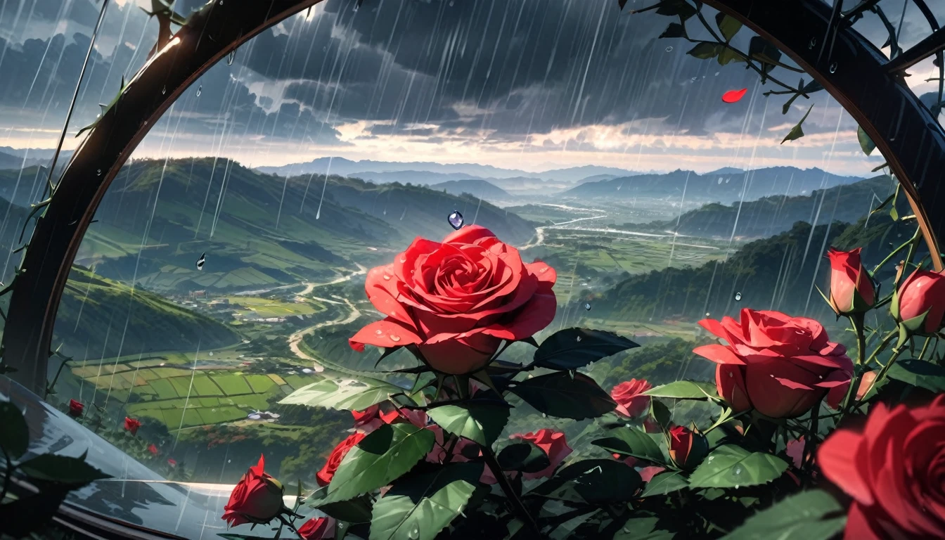 Beautiful, (a closeup of a), (red and green), (Rose flower, Focused on flowers, Lots of spikes, Surrounded by thorny vines, Raindrops on petals), morning, (Dark clouds, rain, raindrops in the air), (Valley in the background), wide shot, atmospheric perspective, perspective, Masterpiece, highres, HD, 4K, best quality, award winning, high quality, super detail, accurate, masterpiece, UHD