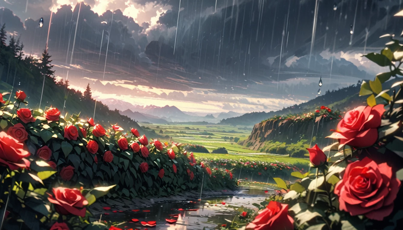Beautiful, (a closeup of a), (red and green), (Rose flower, Focused on flowers, Lots of spikes, Surrounded by thorny vines, Raindrops on petals), morning, (Dark clouds, rain, raindrops in the air), (Valley in the background), wide shot, atmospheric perspective, perspective, Masterpiece, highres, HD, 4K, best quality, award winning, high quality, super detail, accurate, masterpiece, UHD