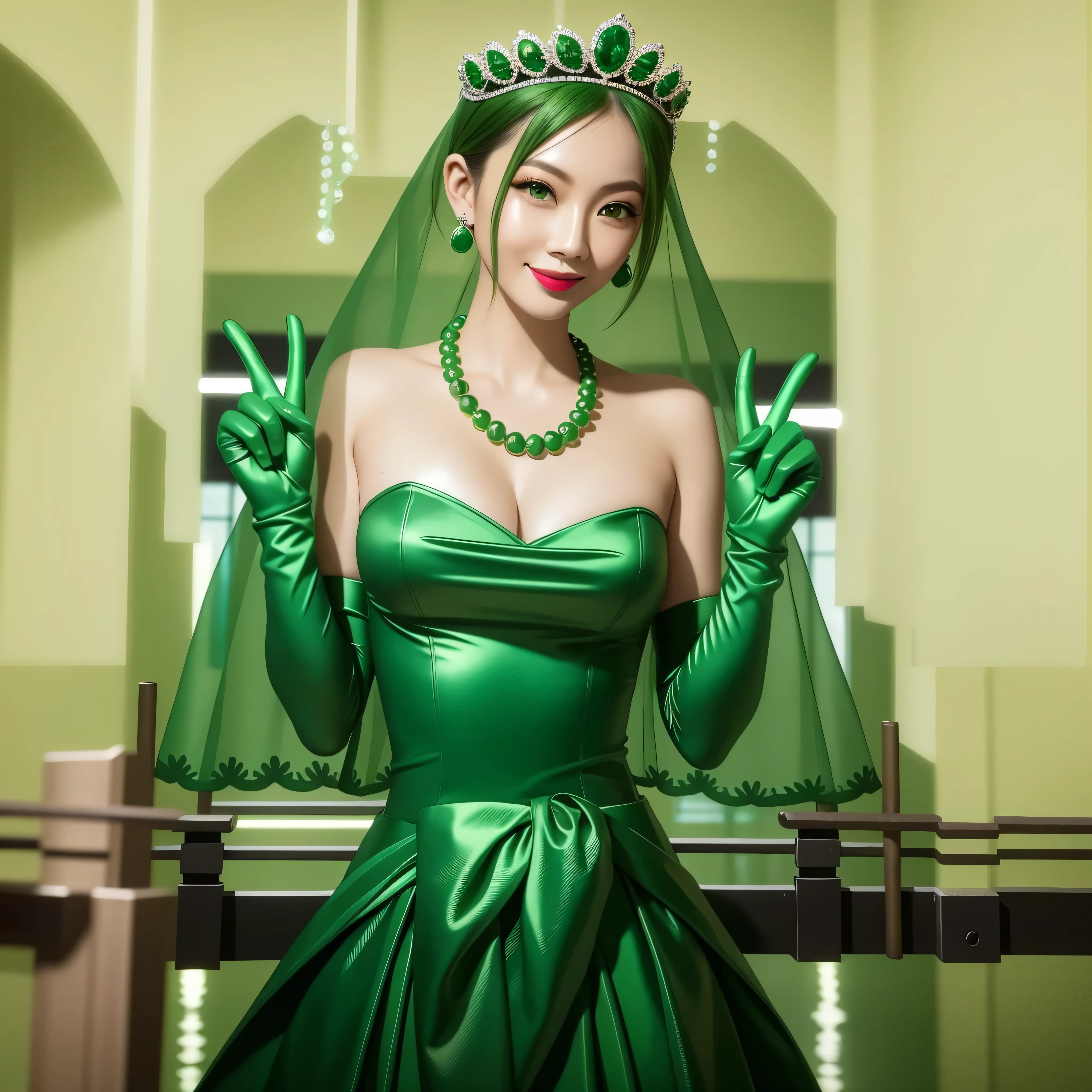 Emerald tiara, Green Pearl Necklace, Boyish very short green hair, Green Lips, Smiling Japanese woman, Very short hair, Busty beautiful lady, Green Eyes, Green satin long gloves, Green Eyes, Emerald Earrings, Green veil, Vsain, Green Hair, Beautiful Japanese Woman, green lip gloss