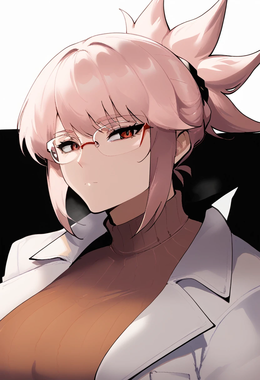 score_9_up, score_8_up, score_7_up, source_anime, 1girl, pink hair, red eyes, ponytail, expressionless, huge breasts, ribbed sweater, turtleneck sweater, lab coat, glasses, nyantcha