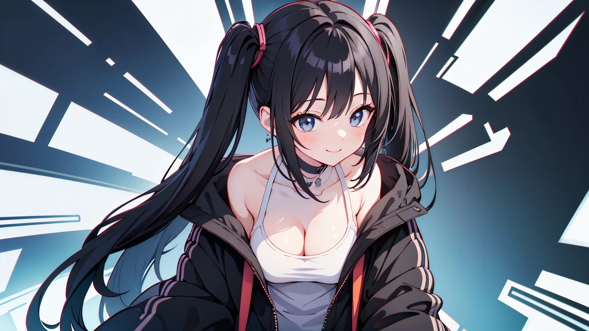 masterpiece,anime style,chibi,y girl,black hair,shoulder length hair with two pigtails,black jacket,with headphones,lo fi background,smiling,bigstening to music,waiting on the right side of the image,