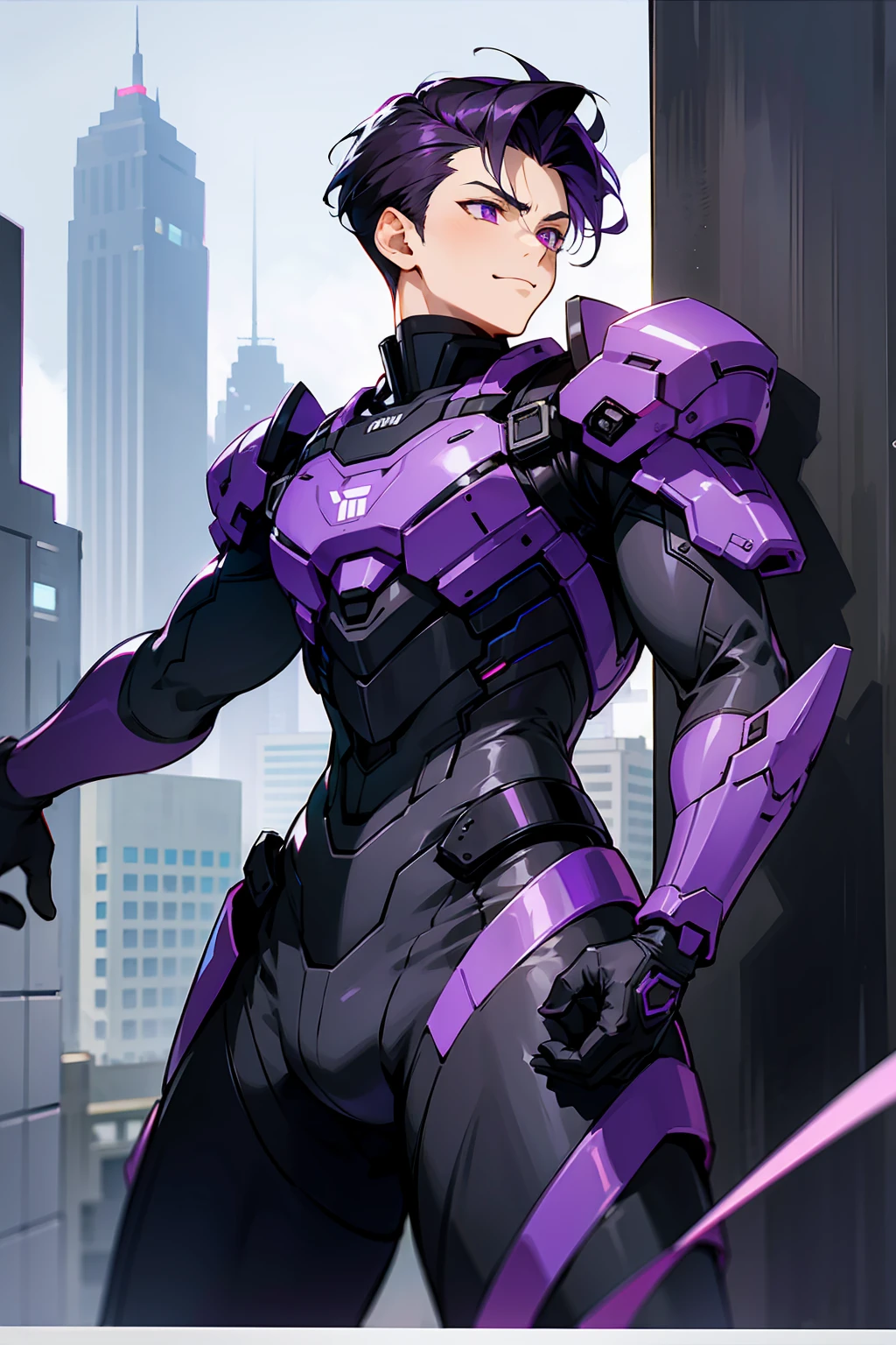 1male, Young Adult, Dark Violet Hair, Short Hair, Slight Smile, Standing In City, Detailed background, Black and White Combat Suit, Sharp Eyes, Purple Eyes, Slicked Back Hair