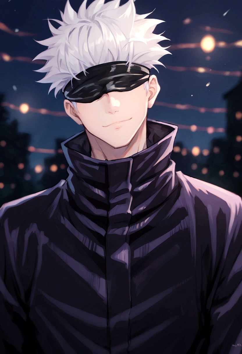 score_9, score_8_up, score_7_up, SatoruGojo, solo, smile, short hair, long sleeves, 1boy, closed mouth, jacket, upper body, male focus, blurry, night, blurry background, high collar, blindfold, covered eyes, black blindfold, purple jacket