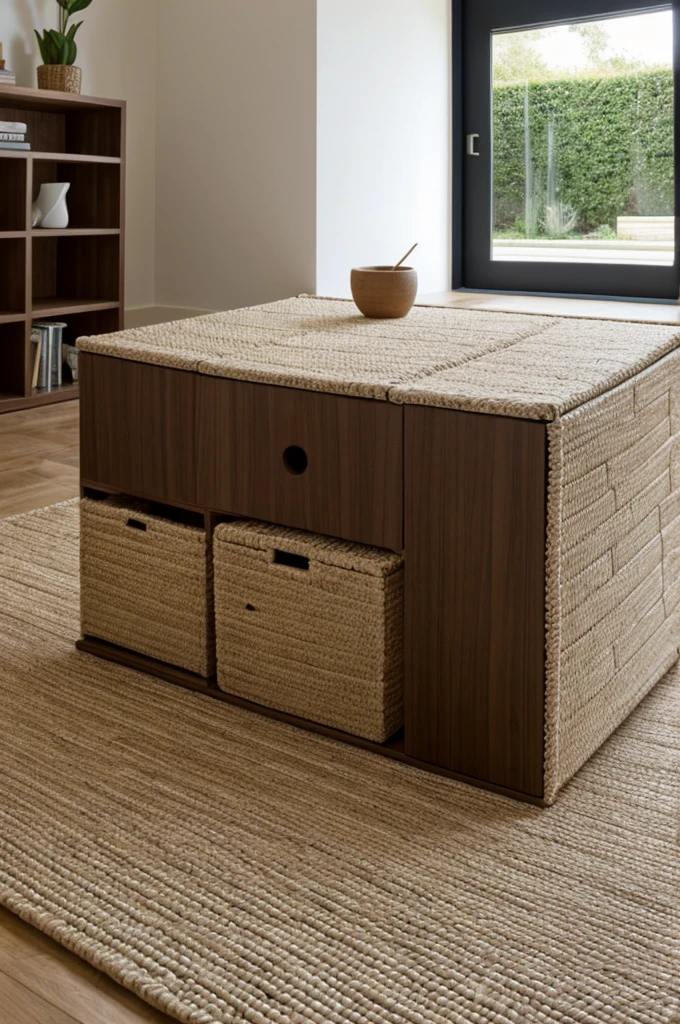 Crea una imagen con estas especificaciones
Casa para gatos que incluye un rascador. The furniture is composed of a rectangular base that contains a cube with a round entrance. The cube and base is painted.Al lado del cubo, There is a vertical scratching post wrapped in sisal rope supporting a raised platform also covered with brown carpet.. Realista