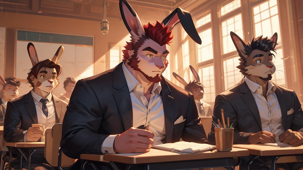 ((best quality)), ((masterpiece)), (detailed), perfect face, bara furry, rabbit man, big body, pink skin, short quiff red hair, yellow eyes, perfect eyes, long rabbit ears, handsome, open shirt at school big dick, snfw
