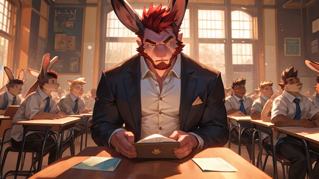 ((best quality)), ((masterpiece)), (detailed), perfect face, bara furry, rabbit man, big body, pink skin, short quiff red hair, yellow eyes, perfect eyes, long rabbit ears, handsome, open shirt at school big dick, snfw
