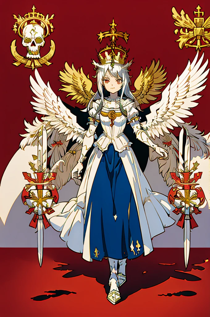 flagmaker, medieval knight group, the flag representing Crucifixus, Experrectus, Reanimatus or The Crucified, The Awakened, And The Reanimated, the colors consisting of black, red, white, and silver. The flag consists of an angel holding a skull with red eyes and a torch. the angel has a cross on the front of her shirt.