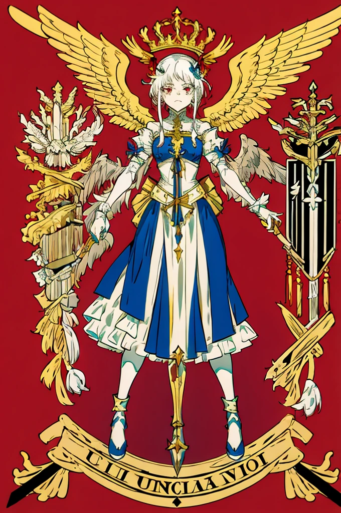 flagmaker, medieval knight group, the flag representing Crucifixus, Experrectus, Reanimatus or The Crucified, The Awakened, And The Reanimated, the colors consisting of black, red, white, and silver. The flag consists of an angel holding a skull with red eyes and a torch. the angel has a cross on the front of her shirt.