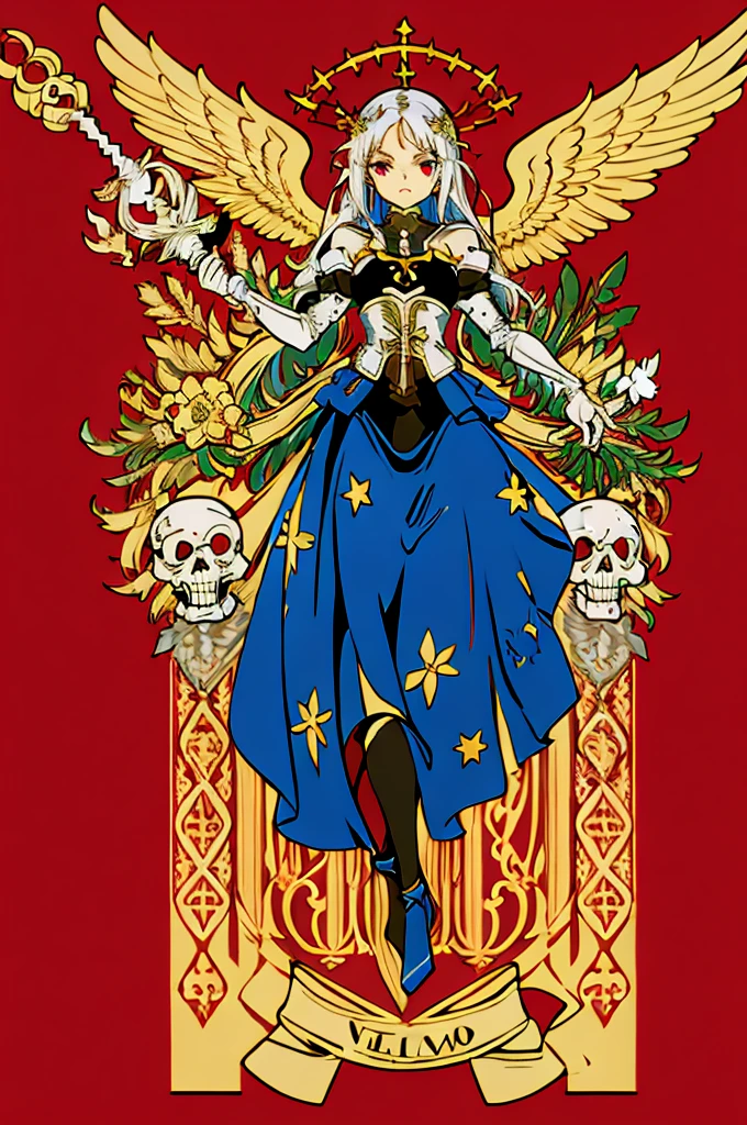 flagmaker, medieval knight group, the flag representing Crucifixus, Experrectus, Reanimatus or The Crucified, The Awakened, And The Reanimated, the colors consisting of black, red, white, and silver. The flag consists of an angel holding a skull with red eyes and a torch. the angel has a cross on the front of her shirt.