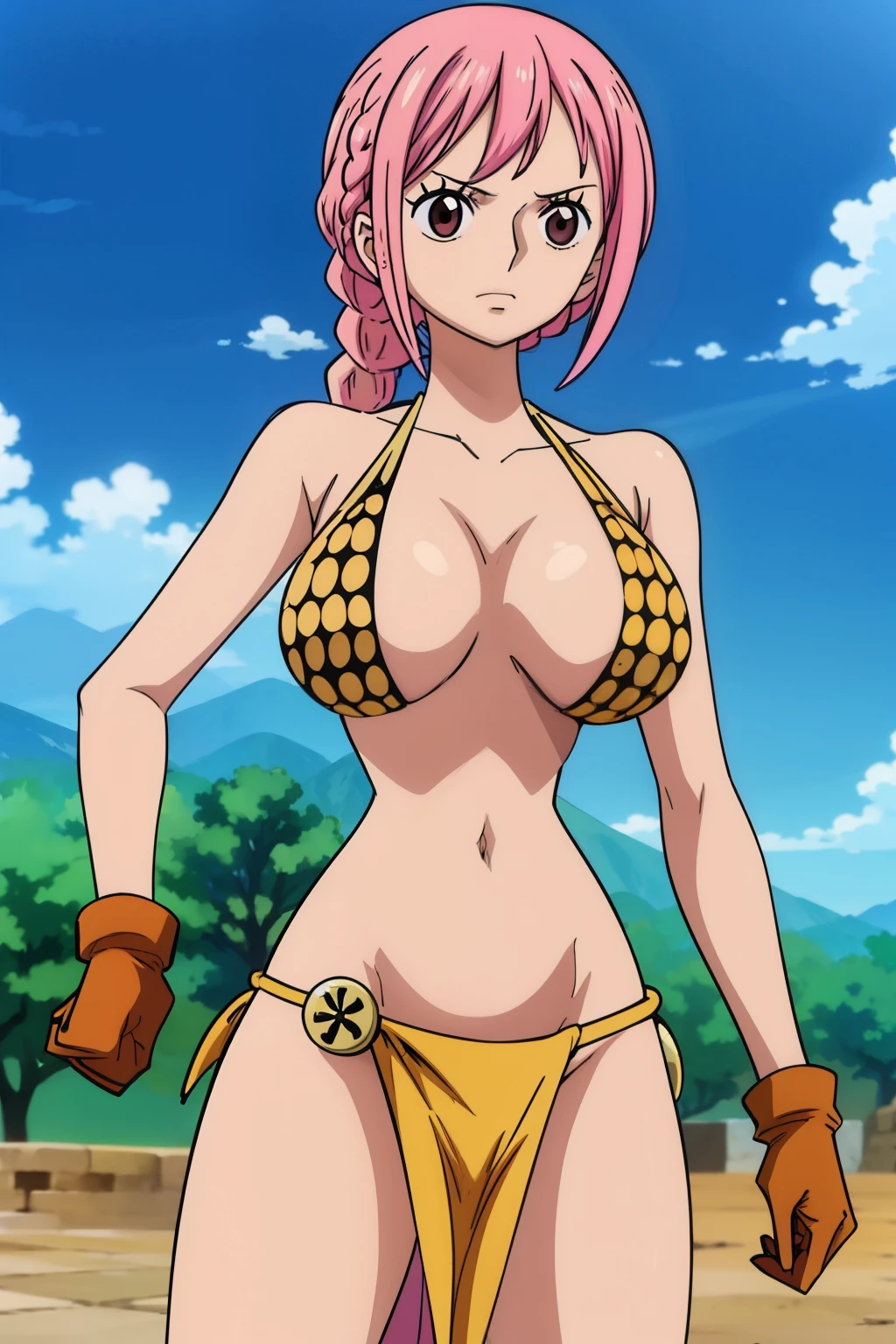 anime cels style, best quality, high resolution, rebecca, large breasts, (narrow waist:1.2), brown eyes, short hair, long hair, ponytail, braid, pink hair, brown gloves, bikini armor, loincloth, perfect round breasts, cowboy shot
