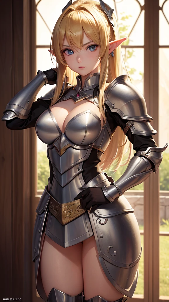 ((masterpiece, best quality)), manga style, elf warrior in armor, blond hair, elf ears, hands behind back, best qualityer,8K, masterpiece, high resolution,1girl, two tone lighting, (high detail skin:1.2), beautiful face, gentle illumination,