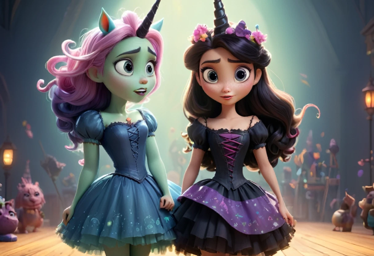 Two characters in the picture,two looks,two types.1: Wicked witch,sorceress,ugly,cunning,gloomy,dark clothes. 2: Girl with unicorn horn, magic horn on the head of a beautiful girl, Pixar ((unicorn girl)).