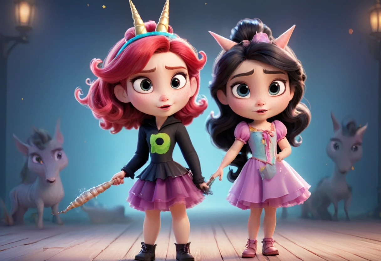 Two characters in the picture,two looks,two types.1: Wicked witch,sorceress,ugly,cunning,gloomy,dark clothes. 2: Girl with unicorn horn, magic horn on the head of a beautiful girl, Pixar ((unicorn girl)).