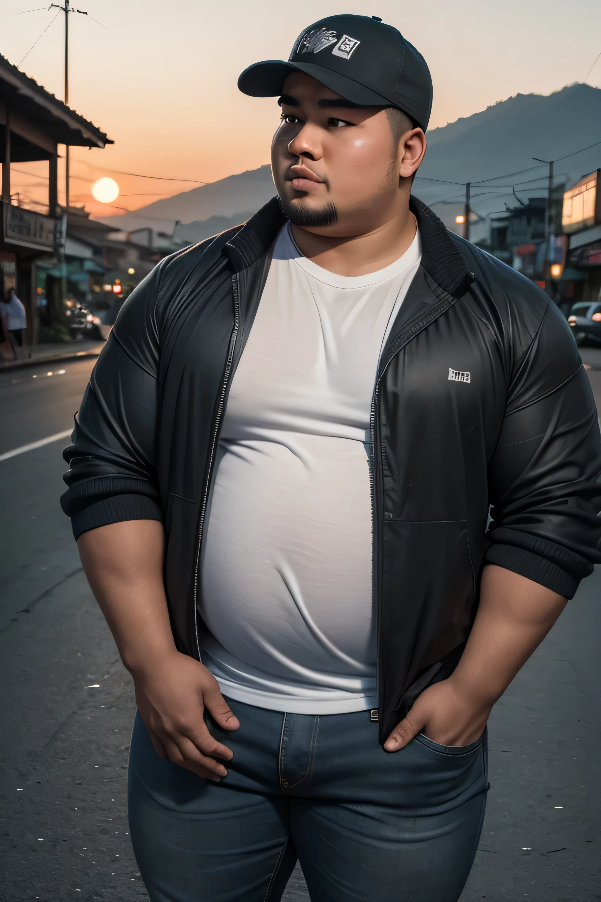 (8K, high definition, high quality, highly detailed) Tall and handsome obese Asian guy. big tummy. about face. turning his face to the side. wearing a t- shirt. wearing jacket and jeans. wearing a baseball cap. black and gray color palette. Baguio City, Philippines. sunset. blurred background.