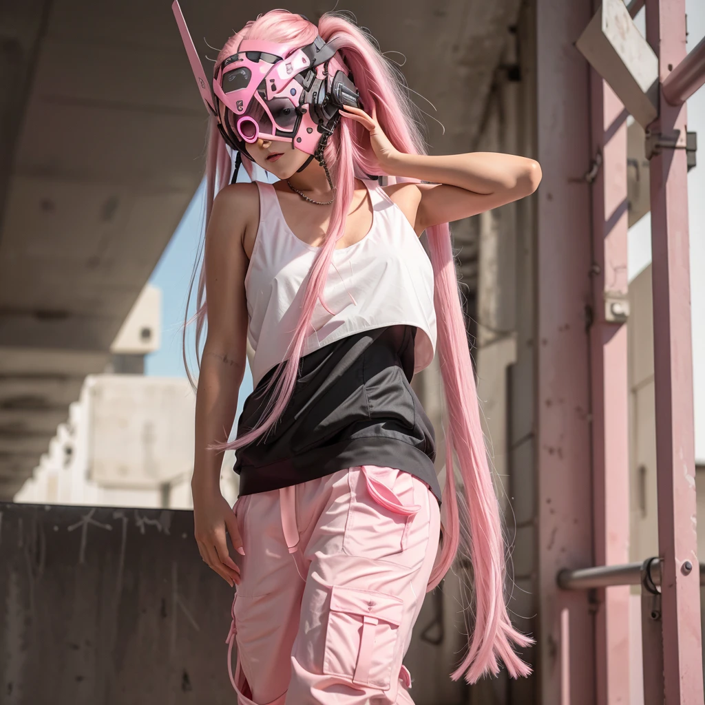 1girl, long pink hair, cyber helmet, white tank top, black cargo pants, white blank background, 8K, Hi-Res