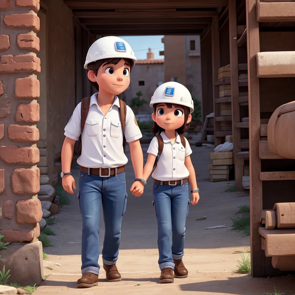 Ingeniero civil con casco blanco y abrazando a sus hijos