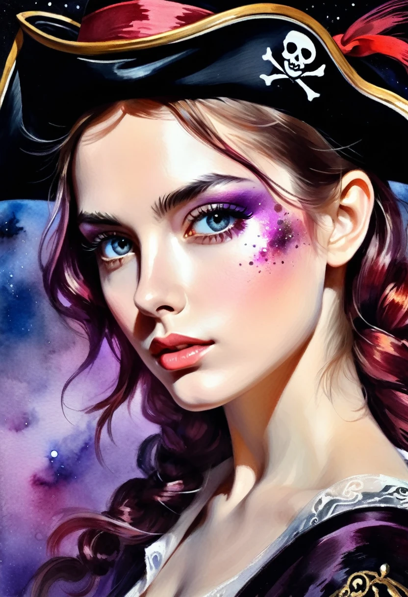 ((shoulder view)): [Young An attractive bandit girl with an ((((pirates occluder)))) on her eye ((style by El Greco/Tomas Mann/John Constable!)!) baroque::20]:BG[Nebula IC434 crimson/liliac] (Art by Slawomir-Maniak), Lush watercolor palette canvas/acrylic, Intricate, Extreme detailing, Complex key, ((Single Shot)), ((Best Quality)), ((Masterpiece)) , ((perspective)), (IDEAL body), 8K, impressionism: 0.2 Обои Full HD