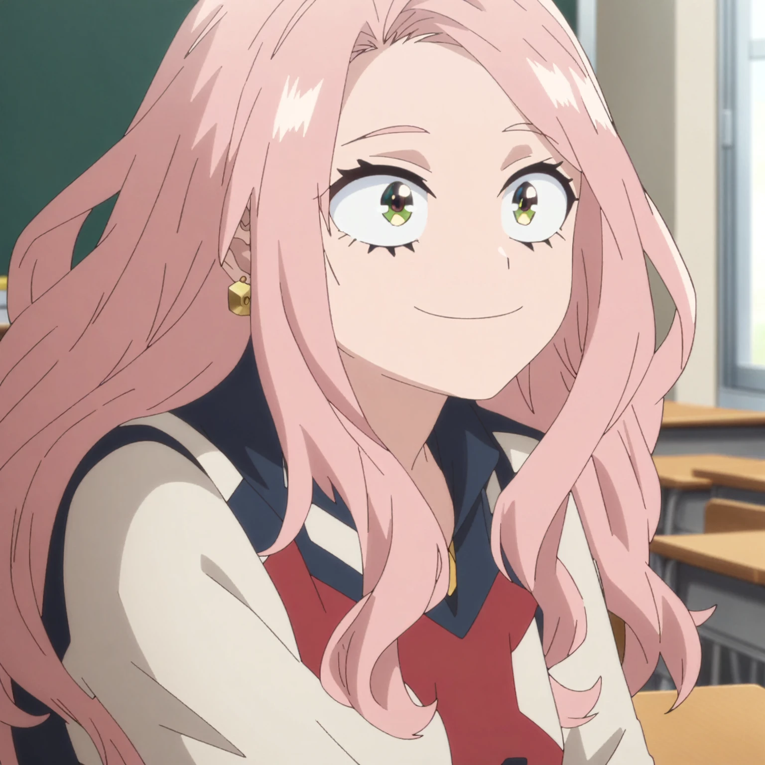 1girl, female focus, my hero academia screencap, boku no hero academia, pink hair, gold eyes, smiling, super long hair, cute, wearing my hero academia uniform , in a classroom, cute gold earrings, bangs
