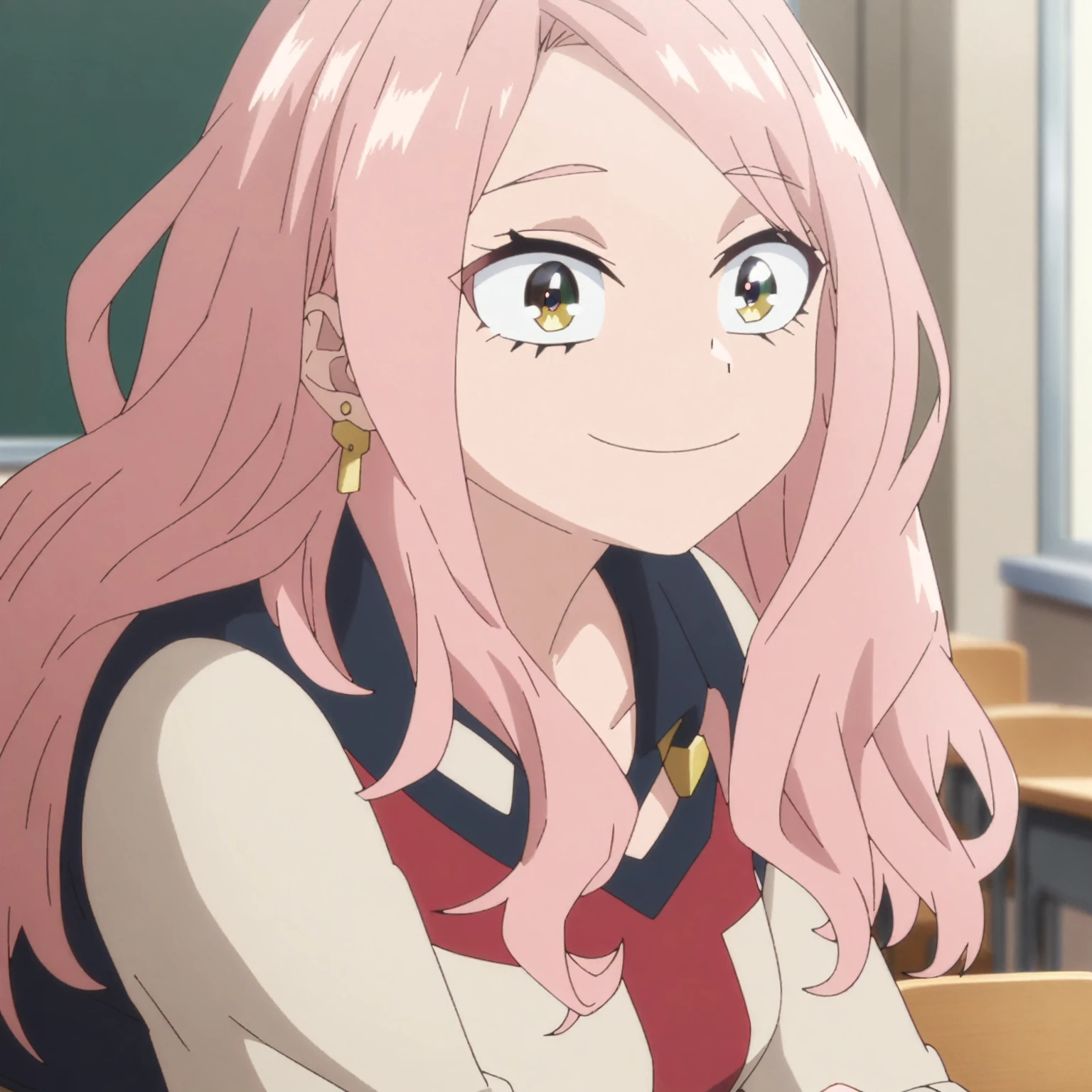 1girl, female focus, my hero academia screencap, boku no hero academia, pink hair, gold eyes, smiling, super long hair, cute, wearing my hero academia uniform , in a classroom, cute gold earrings, bangs
