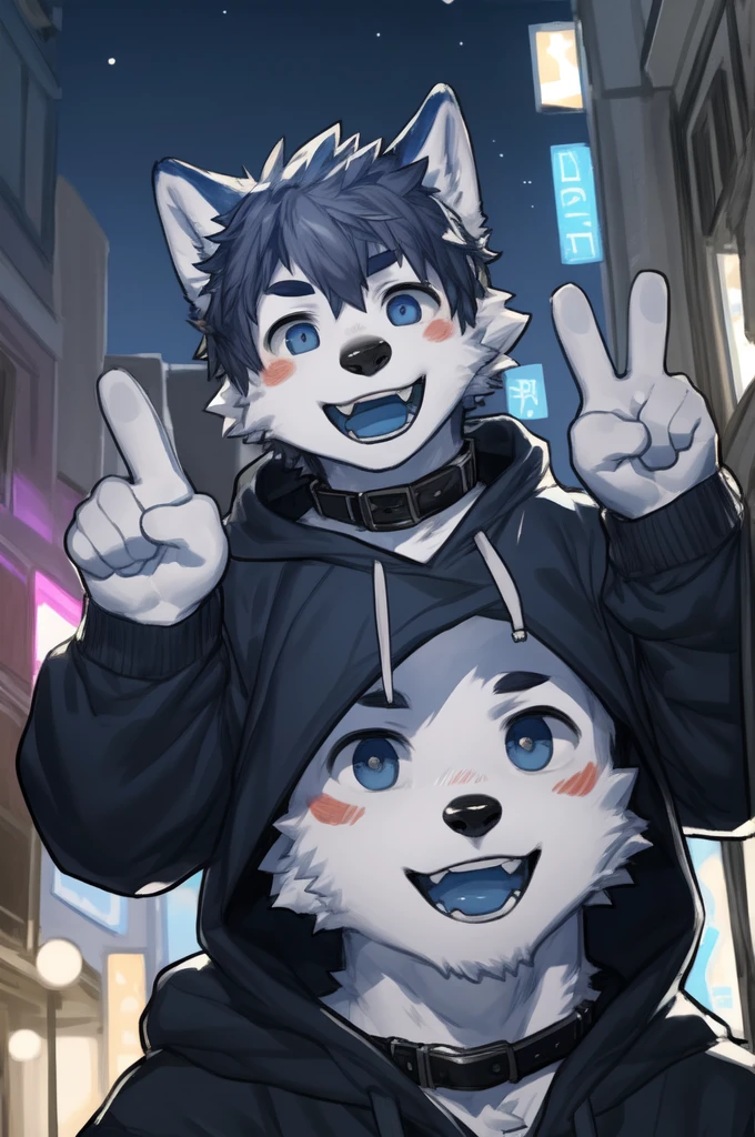 ((From milkytiger1145,author:dendryte axxon)),
hairy,Beast field,anthropology,
Smile,((teeth)),((Laughing)),(((open mouth))),
Delicate eyes,absurd Delicate eyes,
permanent,(Front view:1.2),(((V Sign))),5 fingers,
(young people,Handsome,Big eyes),
( Male wolf),Big and long wolf ears,(deep blue ears),(Dark blue mouth and black nose:1.3),Dark blue on top, white on the bottom,(Hands with dark blue outside and white inside:1.2),Dark blue hair in the modern city at night,Medium shot,
rogue,(Three White),Hoodies & Shirts,Collar looking at the audience,
