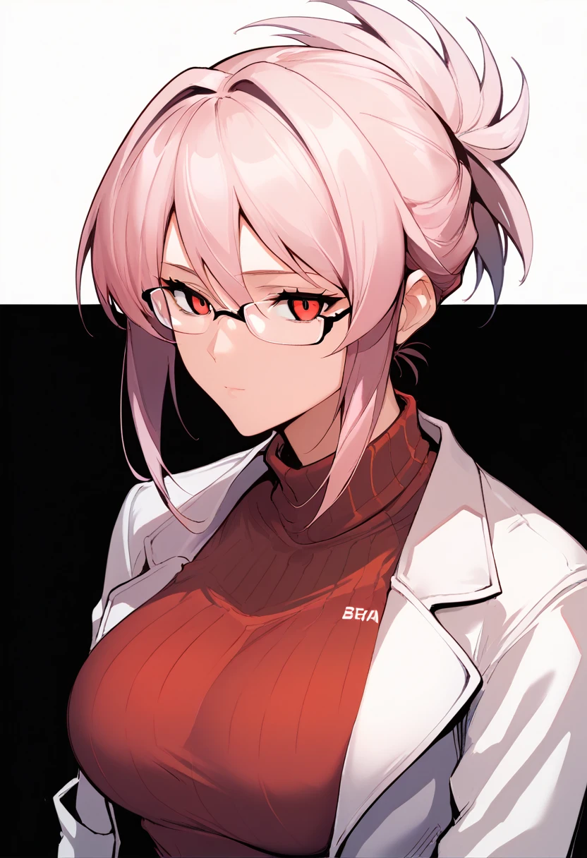 score_9_up, score_8_up, score_7_up, source_anime, 1girl, pink hair, long hair, red eyes, ponytail, expressionless, large breasts, ribbed sweater, turtleneck sweater, lab coat, glasses