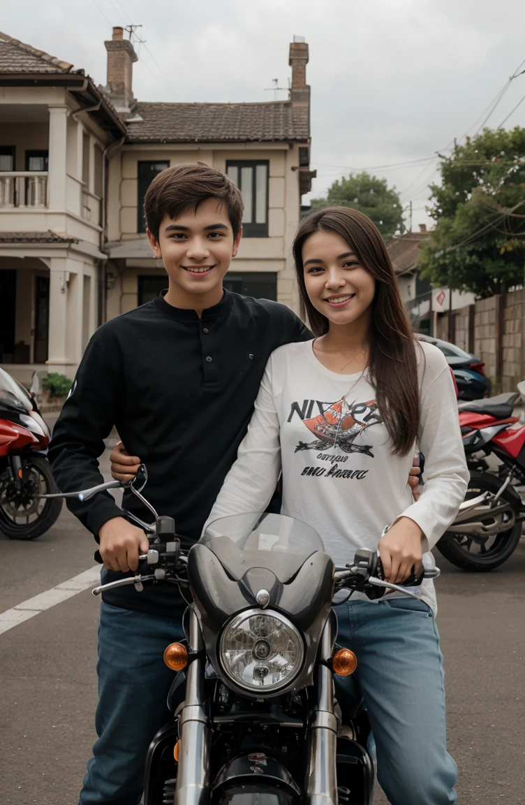 a girl standing with a boy looks happy,in front of a ducaty bike