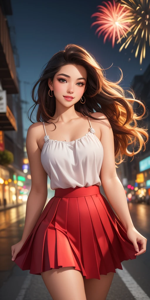 (best quality, ultra-detailed, photorealistic: 1.39), Face of naughty 19 year old teenager, bright and vibrant colors, studio lighting, romantic expression, Long pleated skirt, beautiful top with straps, elegant makeup, long Multicolors hair flowing in the wind, attractive eyes, lips bright, sexy pose, beautiful roses, smiling confidently and seductively, posing for a professional photo shoot, shallow depth of field, soft natural lighting, creating a dreamy and magical atmosphere.walking down the street, night, fireworks in the sky