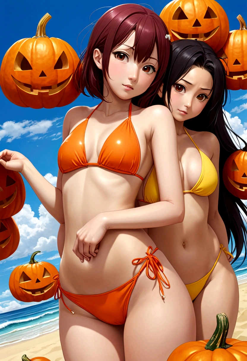 Sakimi-chan, Chiho, Yoshitomo Nara, a girl with 18 years old, (bikini), (Jack-o pose), ((man behind fucking the girl)),