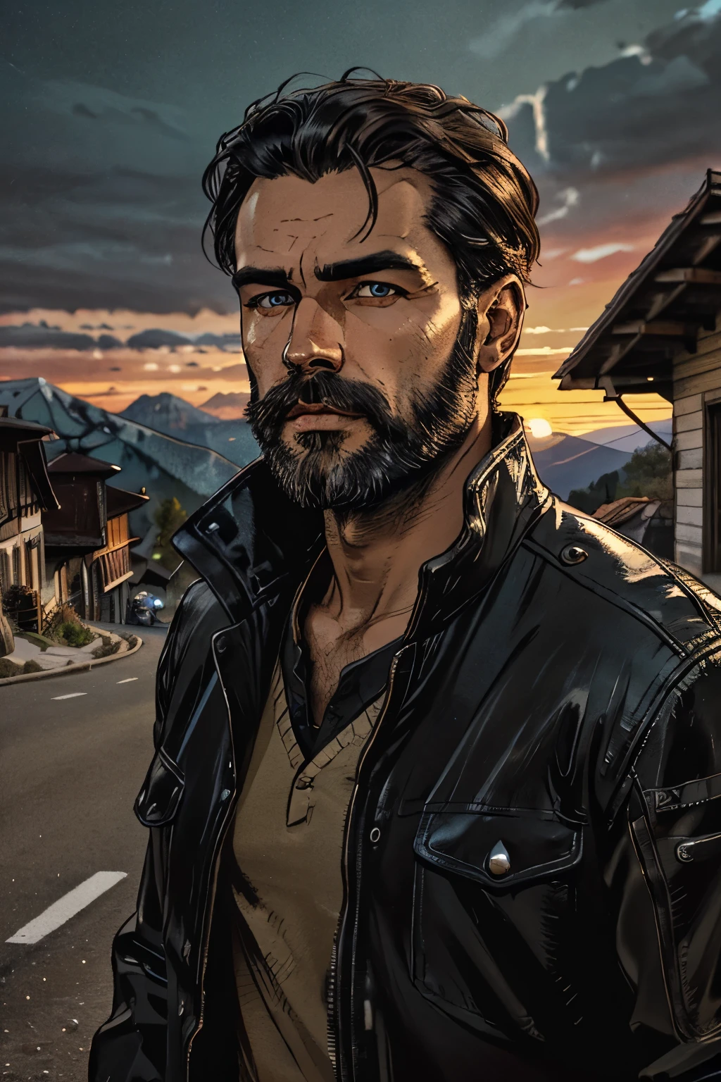 distant view, a man in an elegant black leahter jacket driving vintage motorcycle in mountain town, brown eyes, black hair, light beard, alps, street, , sunset sky, beautiful detailed eyes, beautiful detailed lips, extremely detailed face, high quality, photorealistic, cinematic lighting, warm color tone, vibrant colors, intricate details, masterpiece