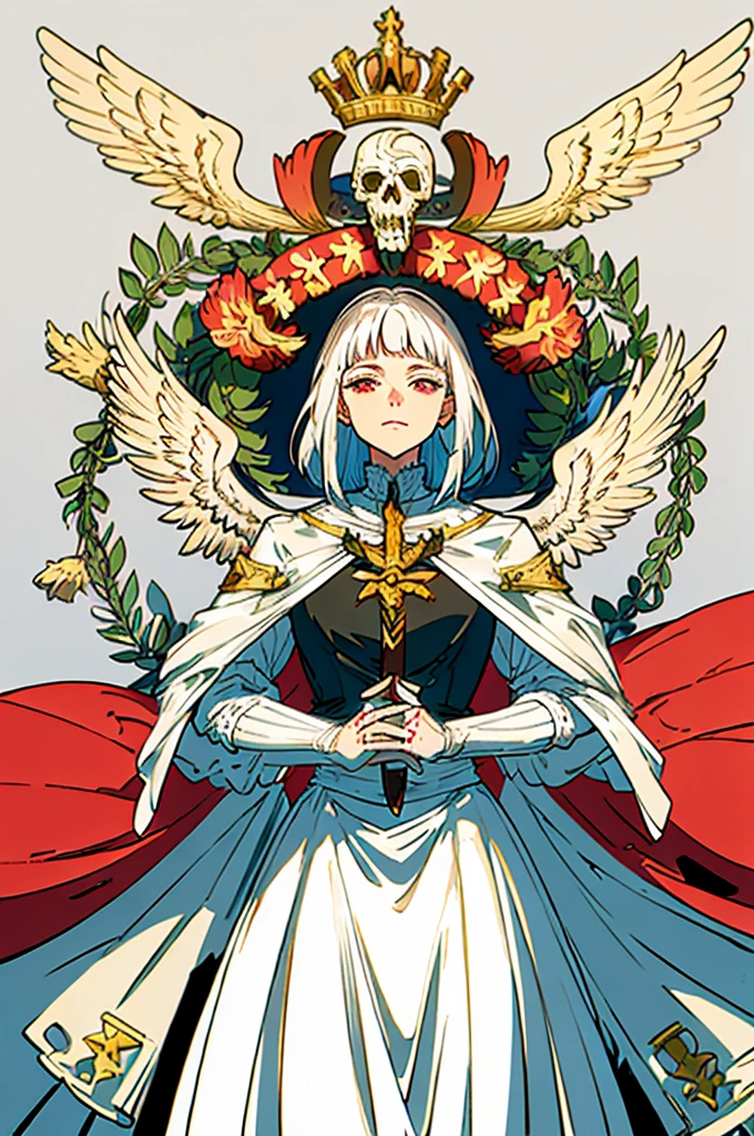 flagmaker, medieval knight group, the flag representing Crucifixus, Experrectus, Reanimatus or The Crucified, The Awakened, And The Reanimated, the colors consisting of black, red, white, and silver. The flag consists of an angel holding a skull with red eyes and a flaming torch, the angel has a cross on the front of her shirt. the angel has a sword stabbed into her.
