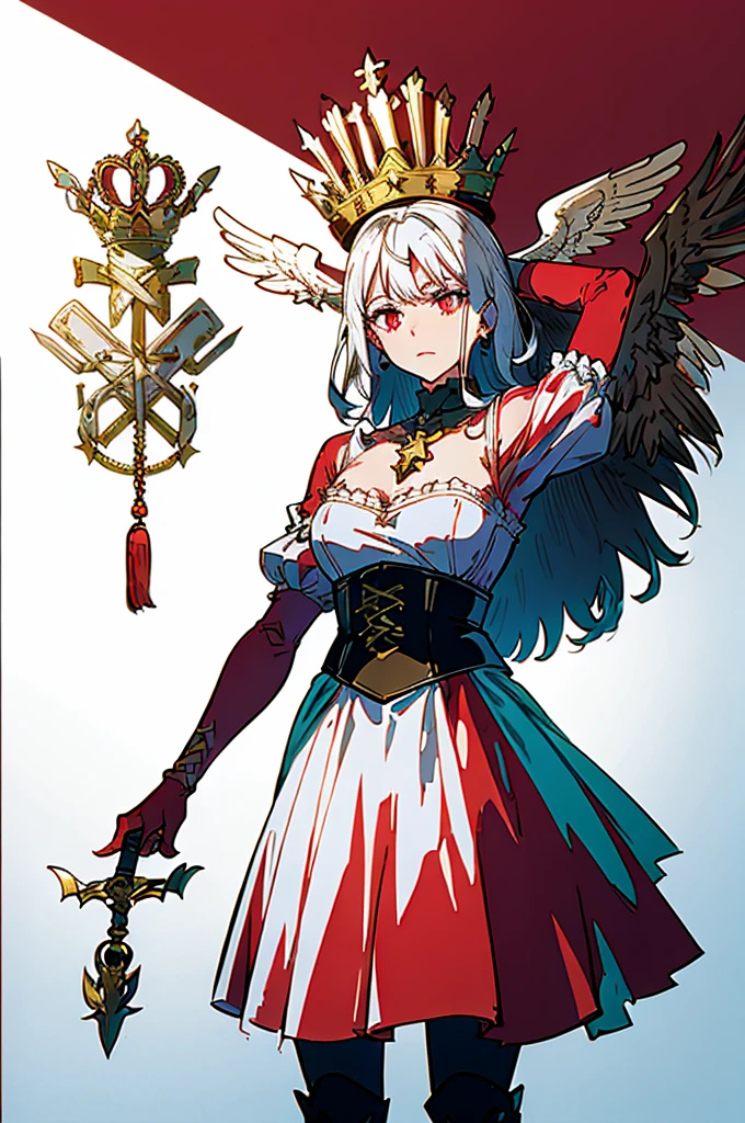 flagmaker, medieval knight group, the flag representing Crucifixus, Experrectus, Reanimatus or The Crucified, The Awakened, And The Reanimated, the colors consisting of black, red, white, and silver. The flag consists of an angel holding a skull with red eyes and a flaming torch, the angel has a cross on the front of her shirt. the angel has a sword stabbed into her.
