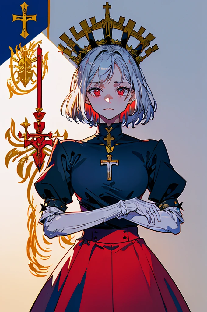 flagmaker, medieval knight group, the flag representing Crucifixus, Experrectus, Reanimatus or The Crucified, The Awakened, And The Reanimated, the colors consisting of black, red, white, and silver. The flag consists of an angel holding a skull with red eyes and a flaming torch, the angel has a cross on the front of her shirt. the angel has a sword stabbed into her.