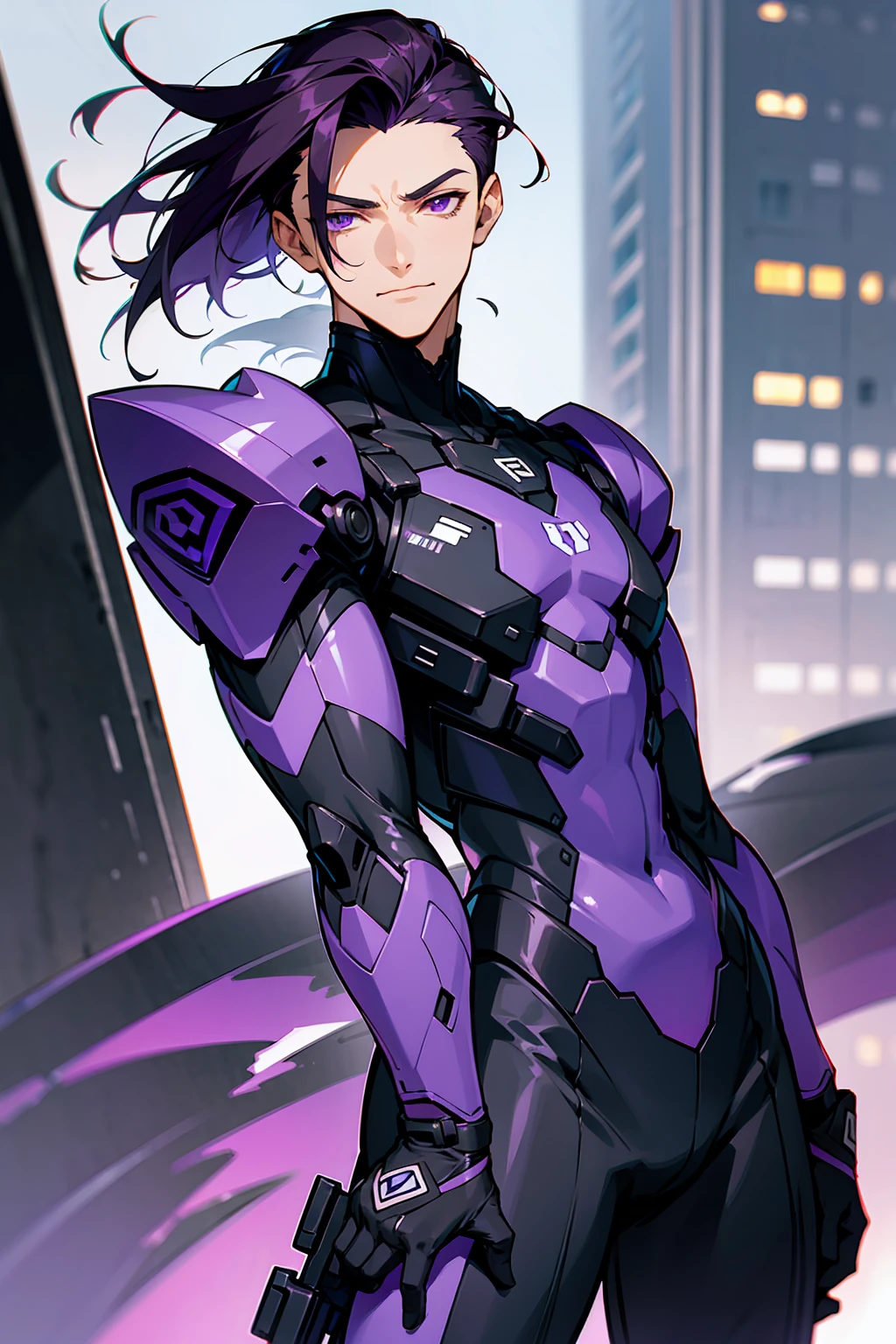 1male, Young Adult, Dark Violet Hair, Short Hair, Slight Smile, Standing In City, Detailed background, Black and White Combat Suit, Sharp Eyes, Purple Eyes, Slicked Back Hair