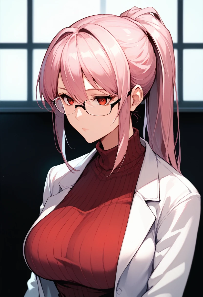 score_9_up, score_8_up, score_7_up, source_anime, 1girl, pink hair, long hair, red eyes, ponytail, expressionless, large breasts, ribbed sweater, turtleneck sweater, lab coat, glasses