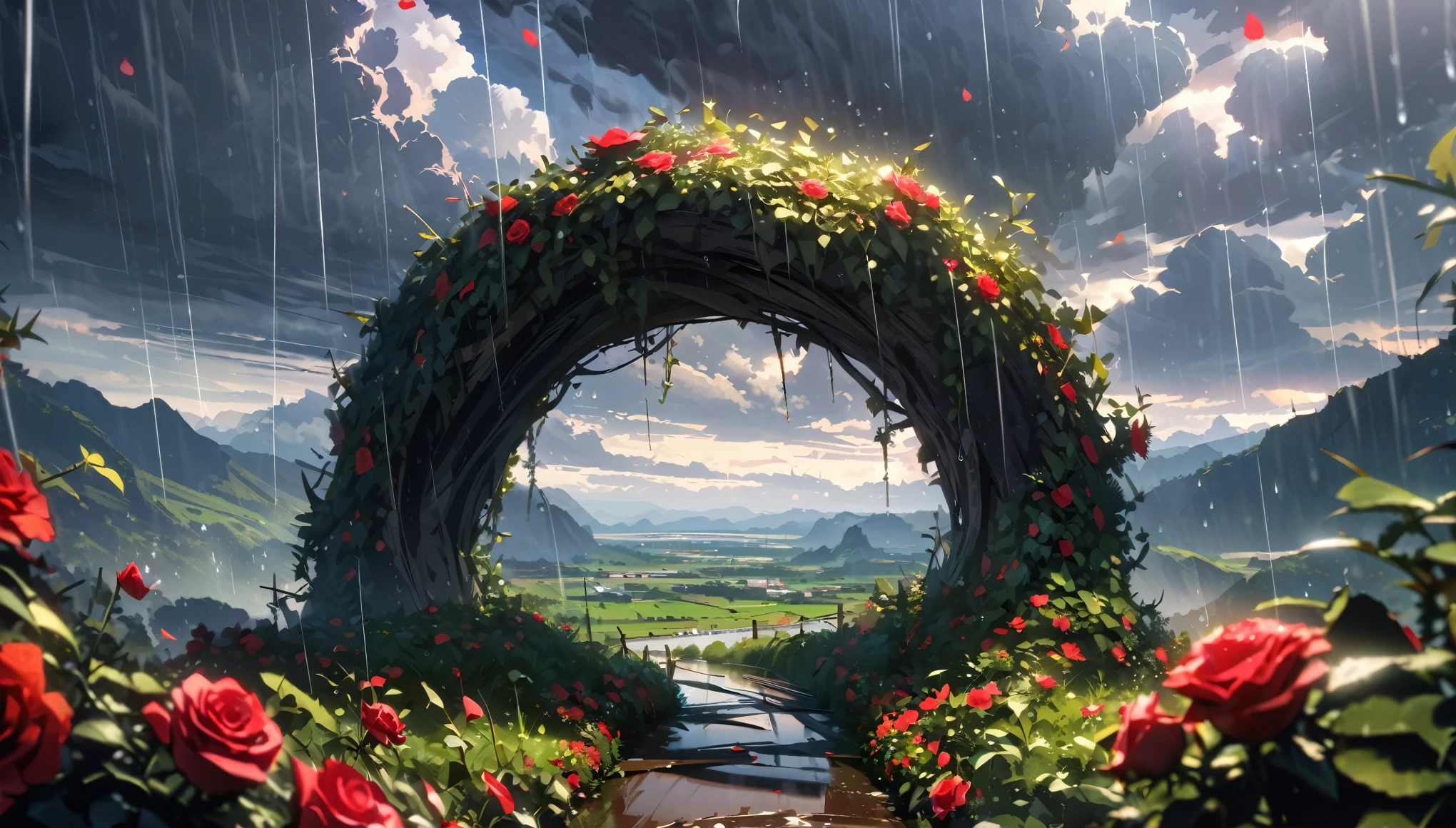  Beautiful, (a closeup of a), (red and green), (Rose flower, Focused on flowers, Lots of spikes, Surrounded by thorny vines, Raindrops on petals), morning, (Dark clouds, rain, raindrops in the air), (Valley in the background), wide shot, atmospheric perspective, perspective, Masterpiece, highres, HD, 4K, best quality, award winning, high quality, super detail, accurate, masterpiece, UHD