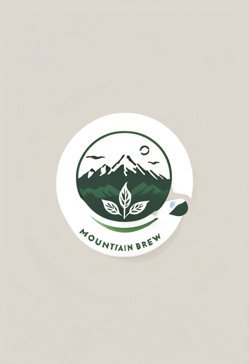 Design a minimalist logo with a top view of a coffee cup, incorporating a tea leaf inside and a stylized mountain range in the background. The background should be white, and the color scheme should include various shades of green, brown, and a rich coffee color. Use clean lines and gradients for added sophistication. The brand name 'Mountain Brew Coffee' should be in a modern font, fitting smoothly into the overall design.

