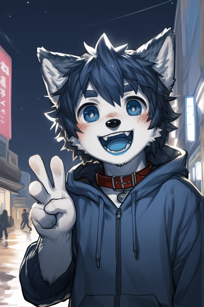 ((From milkytiger1145,author：dendryte axxon)),
hairy,Beast field,anthropology,
Smile,((teeth)),((Laughing)),(((open mouth))),
Delicate eyes,absurd Delicate eyes,
permanent,(Front view:1.2),(((V Sign))),5 fingers,
(young people,Handsome,Big eyes),
( Male wolf),Big and long wolf ears,(deep blue ears),(Dark blue mouth and black nose:1.3),Dark blue on top, white on the bottom,(Hands with dark blue outside and white inside:1.2),Dark blue hair in the modern city at night,Medium shot,
rogue,(Three White),Hoodies &amp; Shirts,Collar looking at the audience,