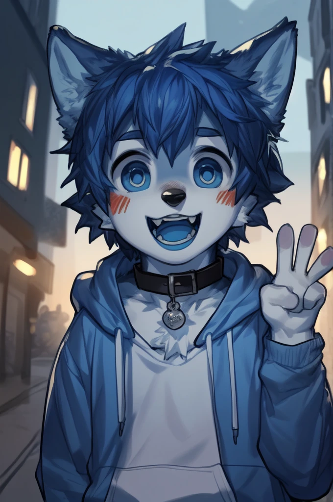 ((From milkytiger1145,author：dendryte axxon)),
hairy,Beast field,anthropology,
Smile,((teeth)),((Laughing)),(((open mouth))),
Delicate eyes,absurd Delicate eyes,
permanent,(Front view:1.2),(((V Sign))),5 fingers,
(young people,Handsome,Big eyes),
( Male wolf),Big and long wolf ears,(deep blue ears),(Dark blue mouth and black nose:1.3),Dark blue on top, white on the bottom,(Hands with dark blue outside and white inside:1.2),Dark blue hair in the modern city at night,Medium shot,
rogue,(Three White),Hoodies &amp; Shirts,Collar looking at the audience,