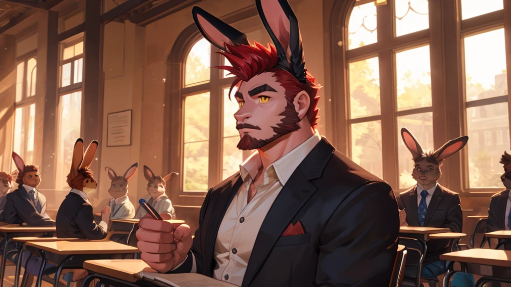 ((best quality)), ((masterpiece)), (detailed), perfect face, bara furry, rabbit man, big body, pink skin, short quiff red hair, yellow eyes, perfect eyes, long rabbit ears, handsome, open shirt at school big dick, nsfw