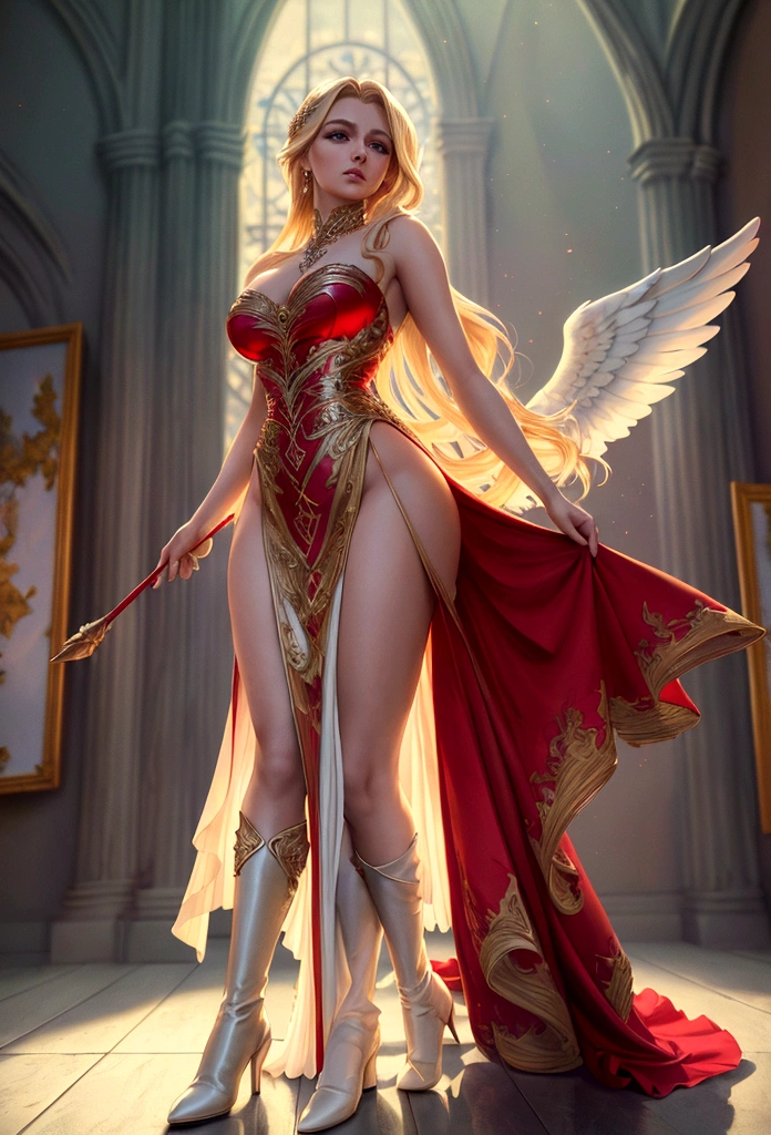 Arafed, a picture of a female angel in high society prom event, divine beautiful female angel, blond hair, long hair, flowing hair, the hair glows in a soft light, cerulean eyes, deep light eyes, divine beautiful face, folded white feather wings, she wears a ((red evening dress: 1.2)), elegant, intricate detailed dress, silk dress, she wears elegant knee high heeled boots, exquisite high heeled boots, she stands on the porch of a fantasy castle, dynamic angle, soft torch light, (Masterpiece: 1.5), 16k, highres, best quality, high details, ultra detailed, masterpiece, best quality, (extremely detailed), AngelStyle, GlowingRunesAI_paleblue, angel_wings