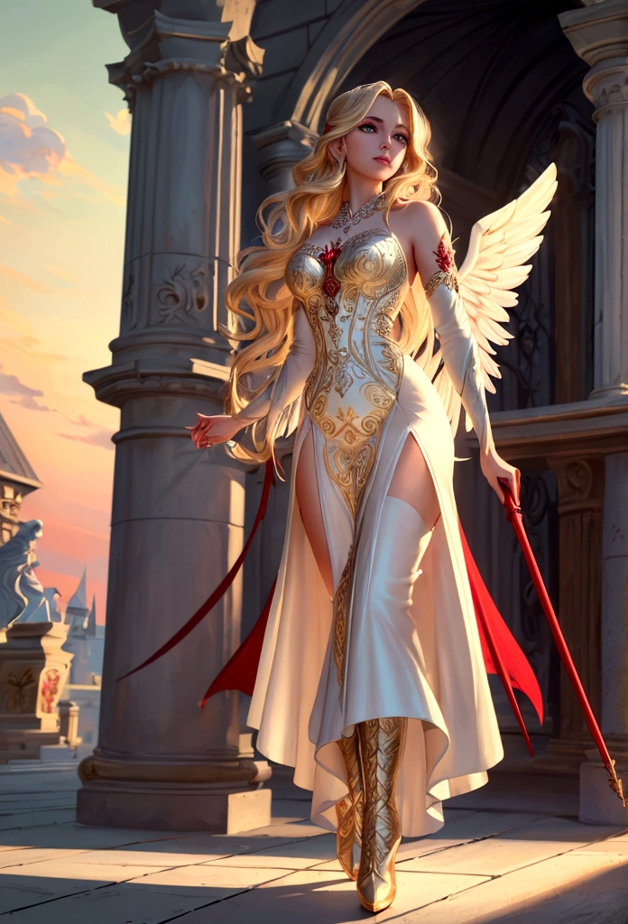 Arafed, a picture of a female angel in high society prom event, divine beautiful female angel, blond hair, long hair, flowing hair, the hair glows in a soft light, cerulean eyes, deep light eyes, divine beautiful face, folded white feather wings, she wears a ((red evening dress: 1.2)), elegant, intricate detailed dress, silk dress, she wears elegant knee high heeled boots, exquisite high heeled boots, she stands on the porch of a fantasy castle, dynamic angle, soft torch light, (Masterpiece: 1.5), 16k, highres, best quality, high details, ultra detailed, masterpiece, best quality, (extremely detailed), AngelStyle, GlowingRunesAI_paleblue, angel_wings