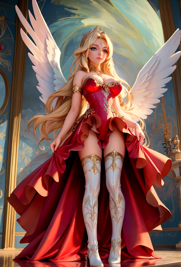 Arafed, a picture of a female angel in high society prom event, divine beautiful female angel, blond hair, long hair, flowing hair, the hair glows in a soft light, cerulean eyes, deep light eyes, divine beautiful face, folded white feather wings, she wears a ((red evening dress: 1.2)), elegant, intricate detailed dress, silk dress, she wears elegant knee high heeled boots, exquisite high heeled boots, she stands on the porch of a fantasy castle, dynamic angle, soft torch light, (Masterpiece: 1.5), 16k, highres, best quality, high details, ultra detailed, masterpiece, best quality, (extremely detailed), AngelStyle, GlowingRunesAI_paleblue, angel_wings