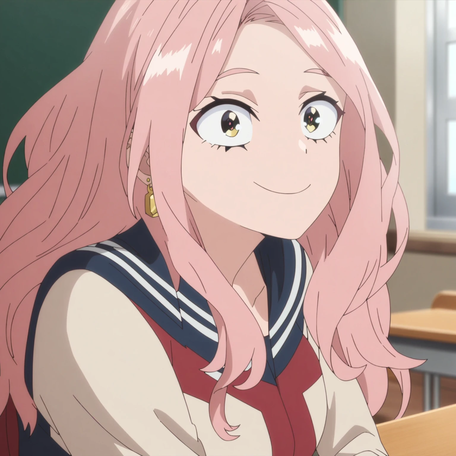 1girl, female focus, my hero academia screencap, boku no hero academia, pink hair, gold eyes, smiling, super long hair, cute, wearing my hero academia uniform , in a classroom, cute gold earrings, bangs
