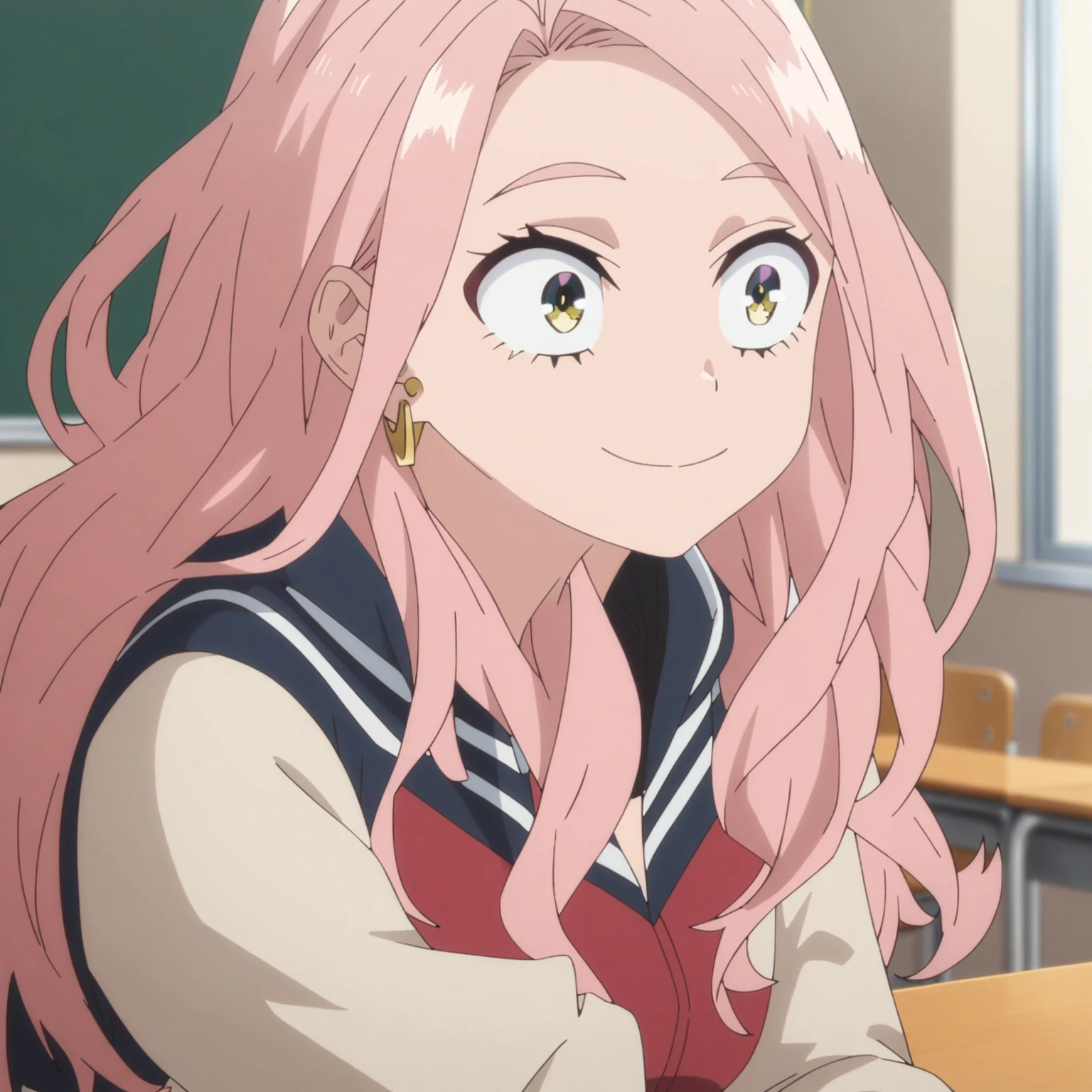 1girl, female focus, my hero academia screencap, boku no hero academia, pink hair, gold eyes, smiling, super long hair, cute, wearing my hero academia uniform , in a classroom, cute gold earrings, bangs
