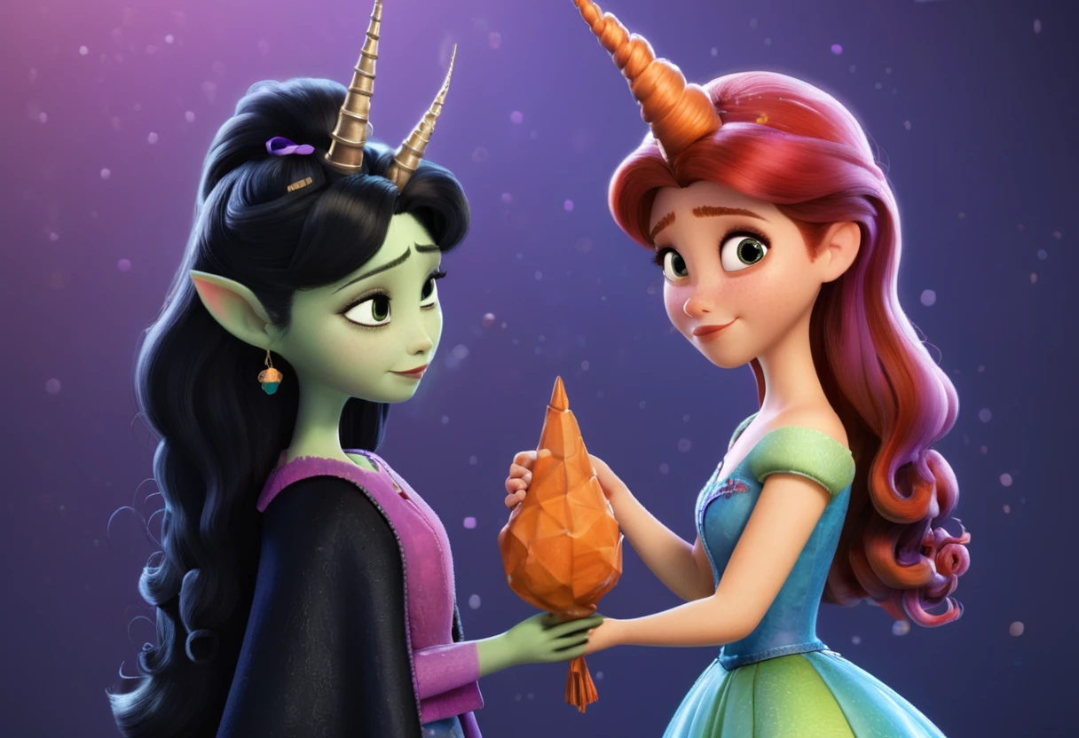 Two characters in the picture,two looks,two types.1: Wicked witch,sorceress,ugly,cunning,gloomy,dark clothes. 2: Girl with unicorn horn, magic horn on the head of a beautiful girl, Pixar ((unicorn girl)).
