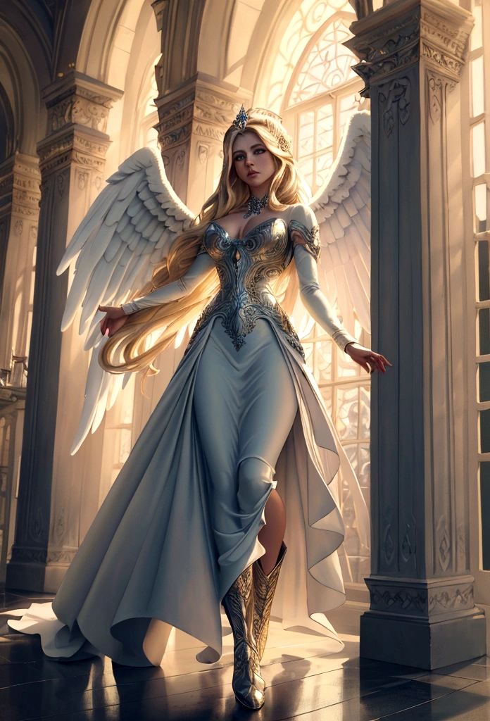 Arafed, a picture of a female angel in high society prom event, divine beautiful female angel, blond hair, long hair, flowing hair, the hair glows in a soft light, cerulean eyes, deep light eyes, divine beautiful face, folded white feather wings, she wears a red evening dress, elegant, intricate detailed dress, silk dress, she wears elegant high heeled boots, exquisite high heeled boots, she stands on the porch of a fantasy castle, dynamic angle, soft torch light, (Masterpiece: 1.5), 16k, highres, best quality, high details, ultra detailed, masterpiece, best quality, (extremely detailed), angel_wings GlowingRunesAI_paleblue,  bj_Devil_angel