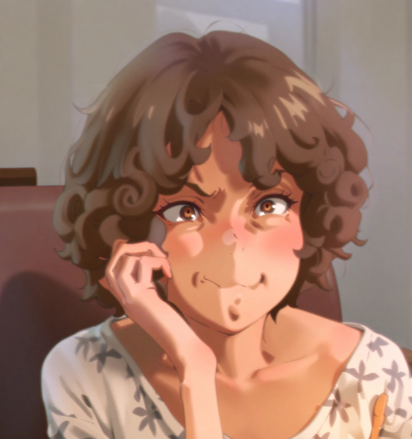 {{{ sincos (sincos)}}}, short brown hair and big eyes, Short curly-haired blonde girl, curly bangs, He has short, curly brown hair, very short curly hair, cute face.
