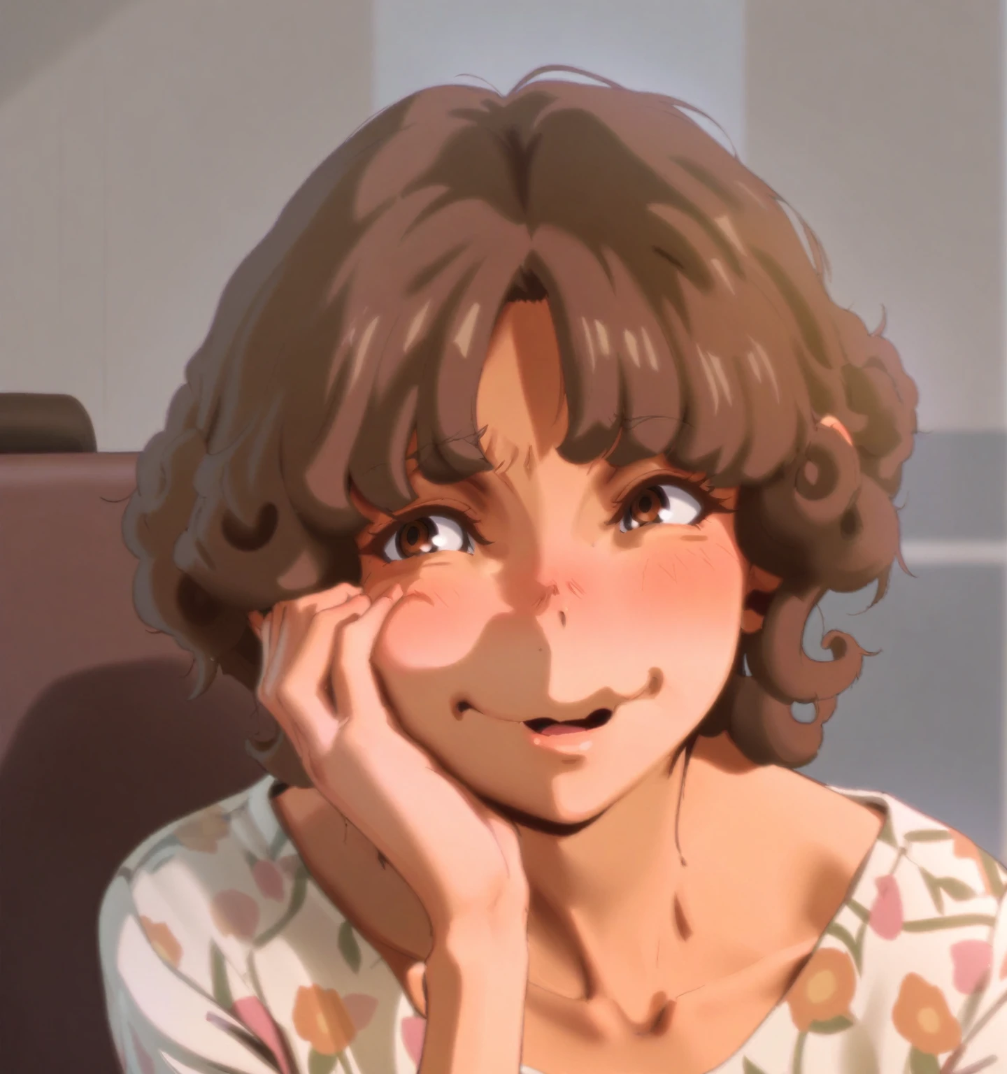 {{{ sincos (sincos)}}}, short brown hair and big eyes, Short curly-haired blonde girl, curly bangs, He has short, curly brown hair, very short curly hair, cute face.